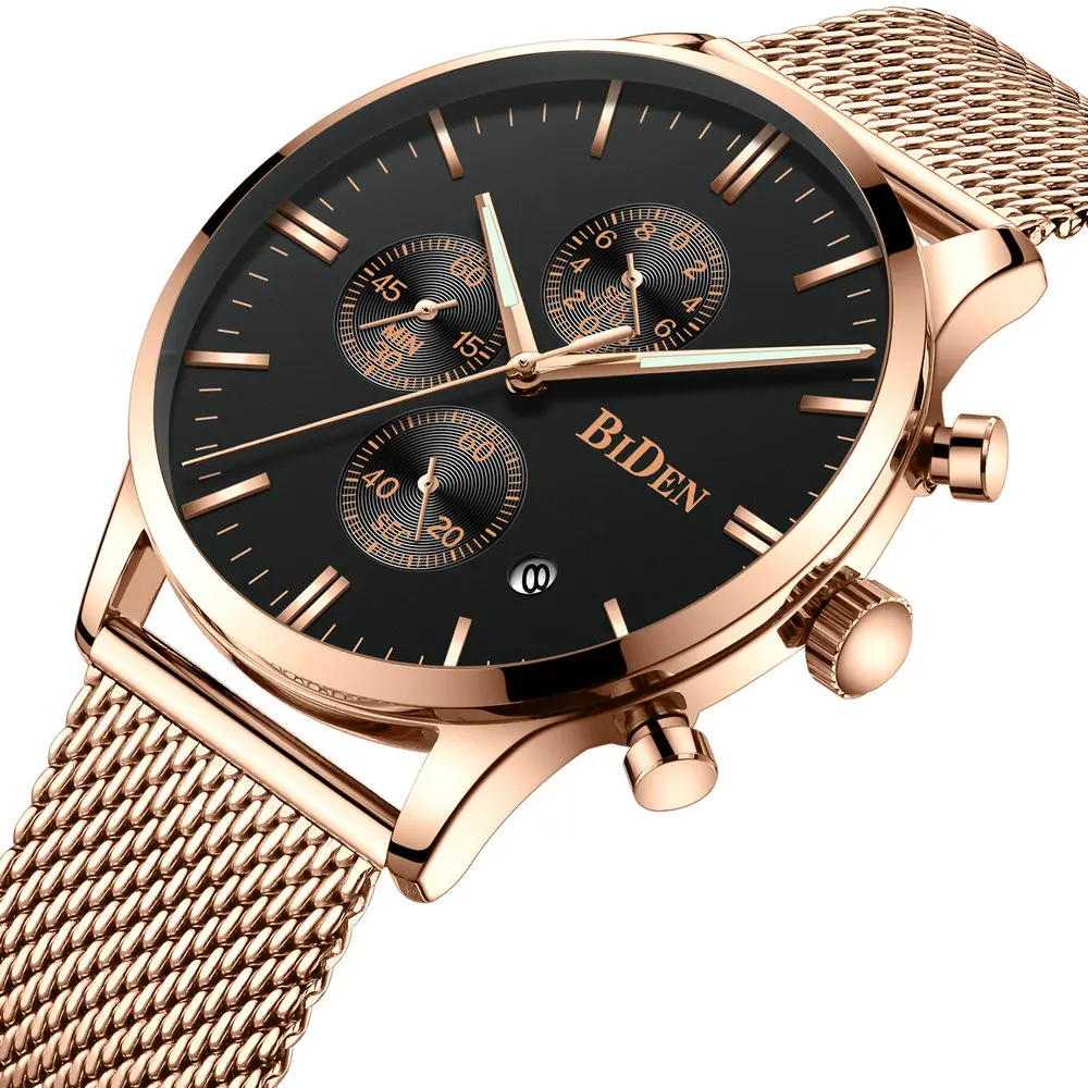

BIDEN Luxury Brand Men Sports Watches Waterproof Stainless Steel Quartz Watch Rose Gold Mesh Strap Chronograph Relogio Masculino