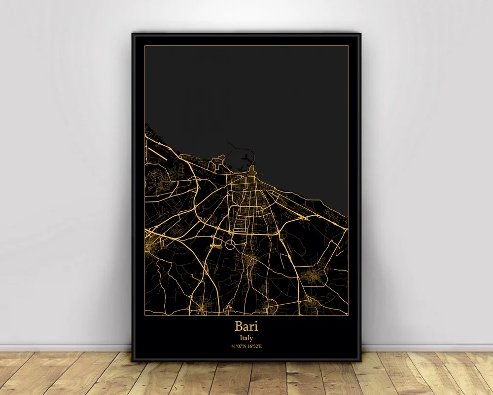 Bari Italy Black&ampGold City Light Maps Custom World Map Posters Canvas Prints Nordic Style Wall Art Home Decor | Дом и сад