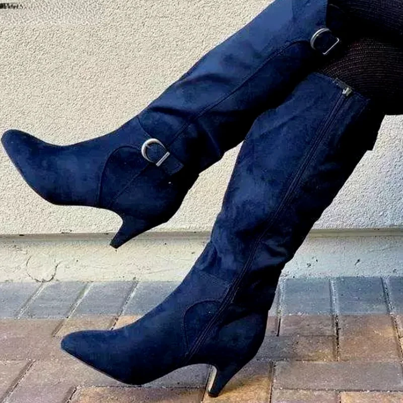 2021 New Women's Fashion Suede Knee High Heel Pointed Zipper Design Casual Modern Boots Large 35-43botas De Mujer
