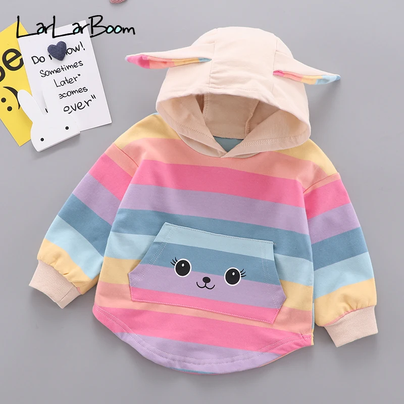 LarLarBoom/футболка для девочек г. Новая Осенняя Милая стильная футболка с длинными рукавами и капюшоном с принтом радуги топы с карманами для малышей - Цвет: Розовый
