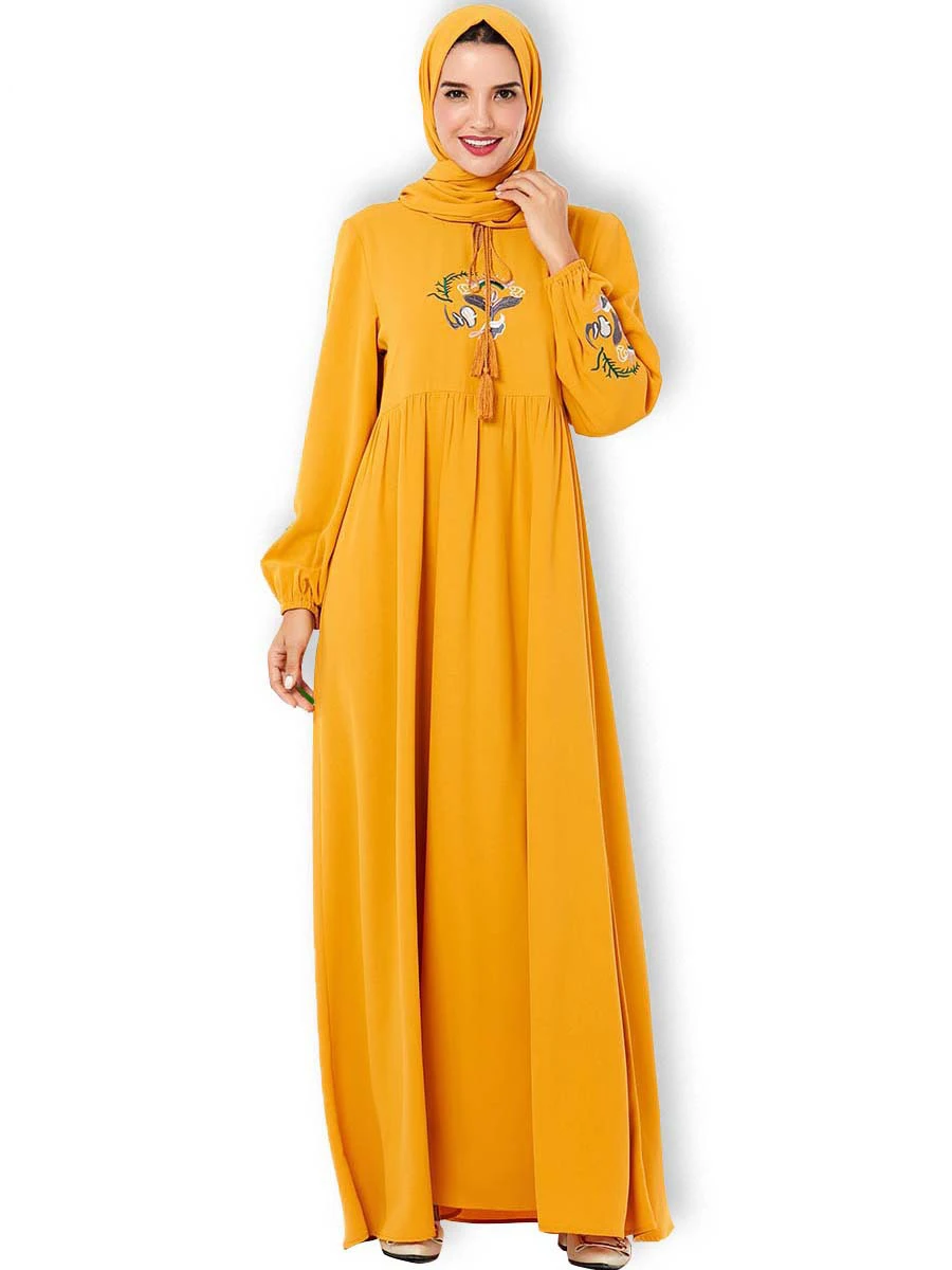 Casual Abaya Women Muslim Maxi Dress Islamic Embroidery Kaftan Plus Vintage Loose Prayer Dresses Turkey Clothing Robes Gown New - Color: Yellow