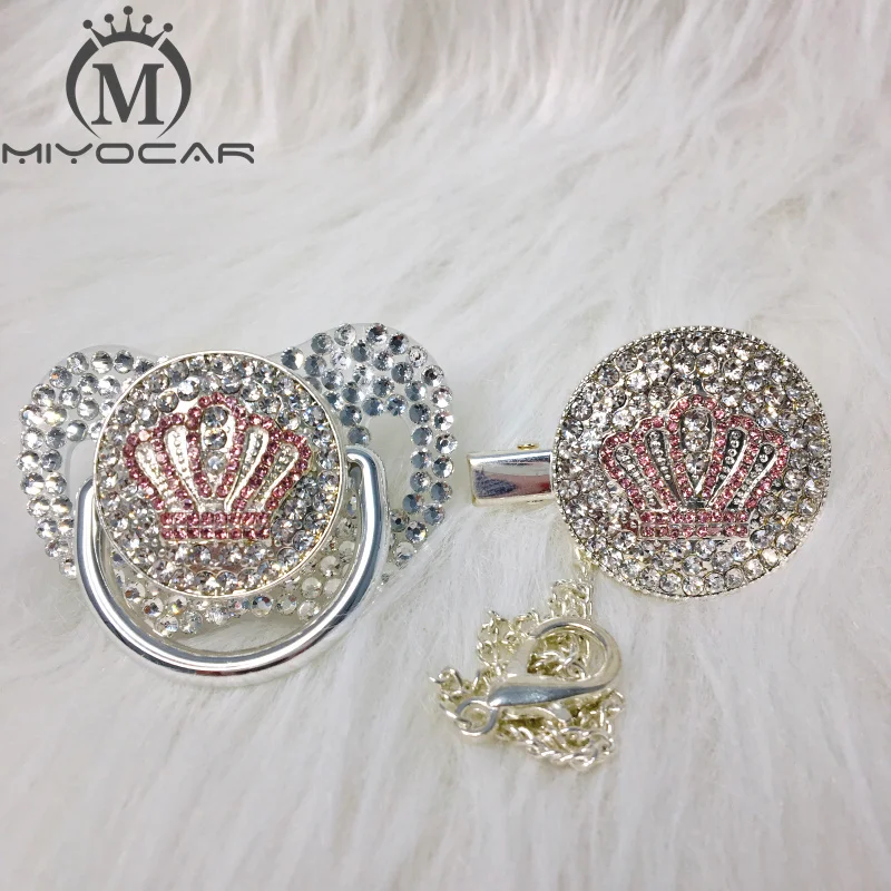 Chupeta e Clipe Miyocar Rosa Bling Coroa Strass Conjunto Chupeta Titular Corrente Prata Apcb-1-sp 3 Estojos e corrente p/ chupetas