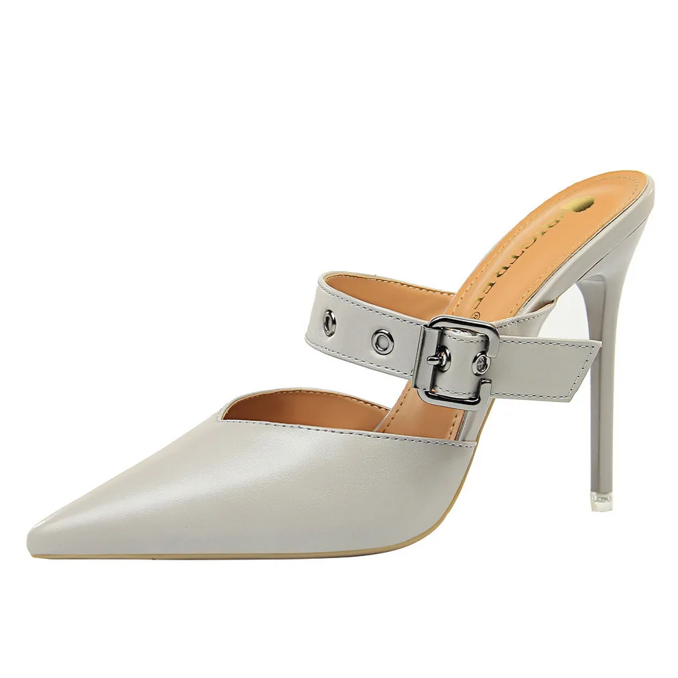 

10.5CM PUMPS Retro women's shoes high-heeled shallow mouth pointed hollow word with metal belt buckle shoes women