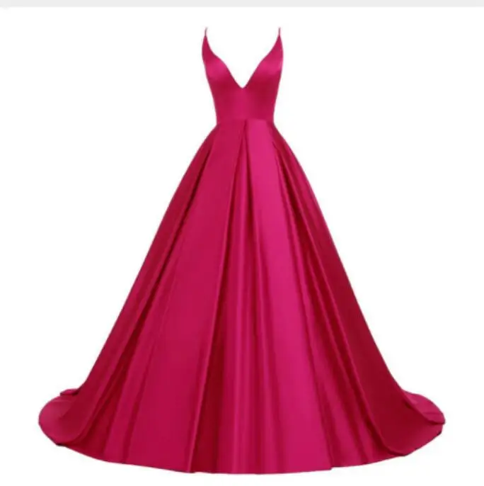 

Satin Prom Sweep Train Evening Gowns vestido Elegant Real Photos A-Line Royal Blue V-Neck Spaghetti Straps Evening Dresses