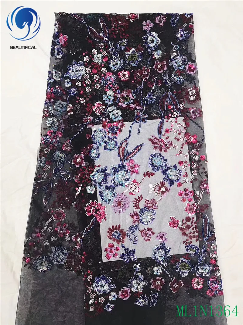 

Beautifical african lace fabrics Overlapping sequins embroidery flowers net lace fabric 5yards Fashion french lace ML1N1364