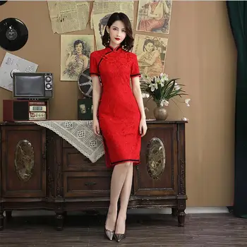 

Sexy Red Bride Short Lace Wedding Qipao Handmade Button Women Qipao Chinese Traditional Dress Vintage Lady Party Cheongsam