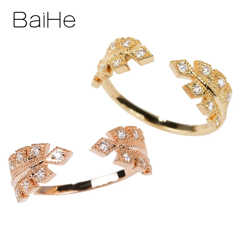 BAIHE Твердое 14 к желтое золото 0.15ct H/SI круглые натуральные бриллианты обручальное женское ювелирное красивое перьевое кольцо