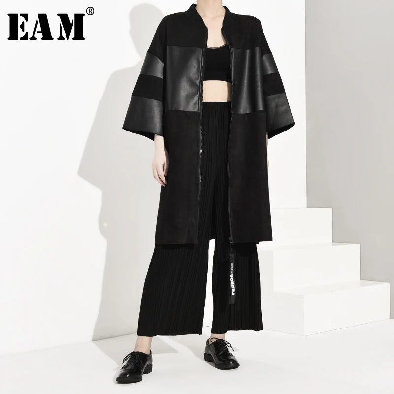[EAM] Свободная куртка из искусственной кожи большого размера, новинка, воротник-стойка, рукав три четверти, Женское пальто, модное, осень, JC253