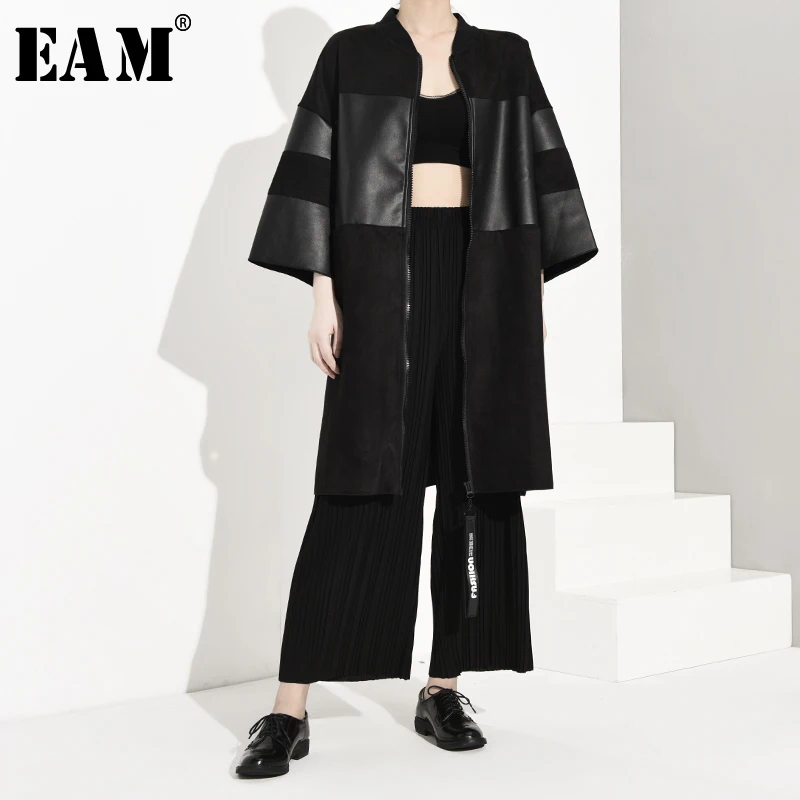 

[EAM] Loose Fit Pu Leather Spliced Big Size Jacket New Stand Collar Three-quarter Sleeve Women Coat Fashion Autumn 2019 JC253