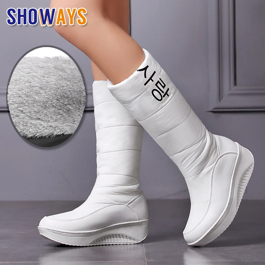 

2020 Winter Women Snow Boots Platform Wedge Med Heels Round Toe Black White Down Plush Casual Travel Lady Slip-on Mid-calf Boots