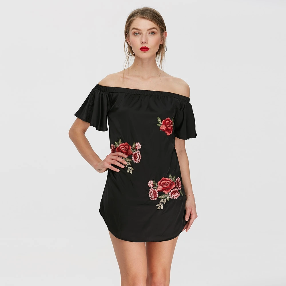 Цветочное мини платье с открытыми плечами|Платья| |