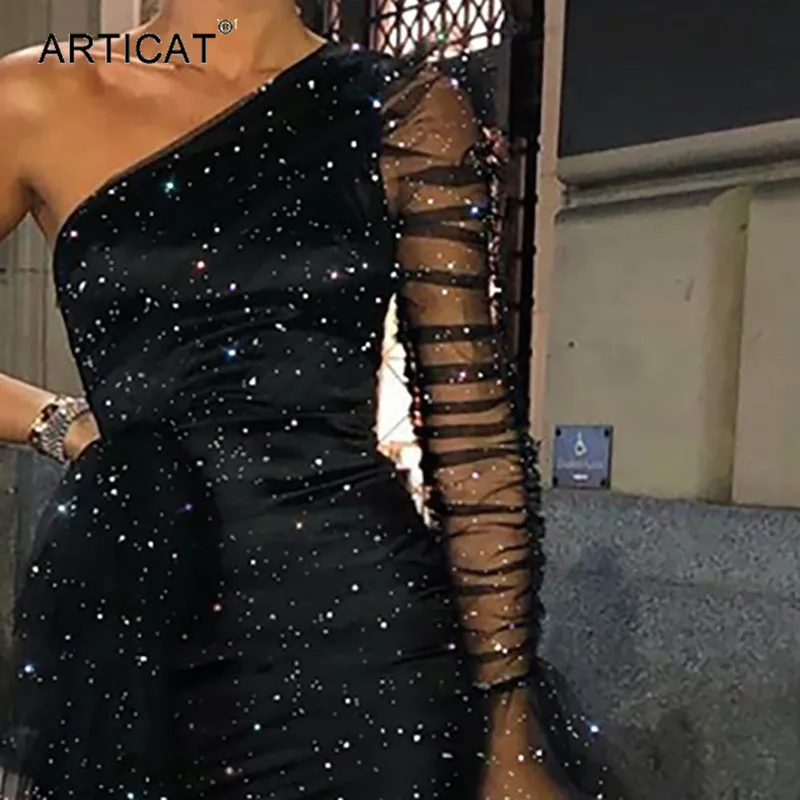 Articat/блестящее платье на одно плечо из прозрачной сетки, женское сексуальное мини-платье с рюшами и потертостями, черное платье для ночного клуба, платья для женщин