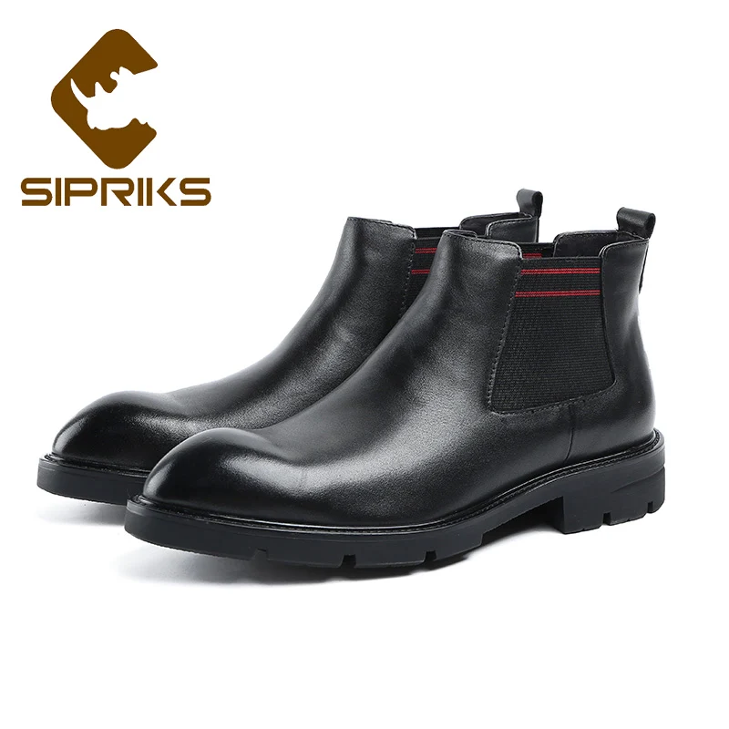 

Sipriks Genuine Leather Chelsea Boots Mens Winter Keep Warm Boots Footwear Snow Boots Rubber Outsole Slip On Shoes Black Cowboy