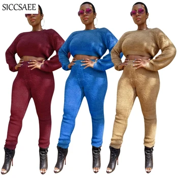 

2019 Autumn Winter Fleece Tracksuit For Women Crop Top And Pants Sweat Suit Thickening Tweed Two Piece Set Women Loose Outfits