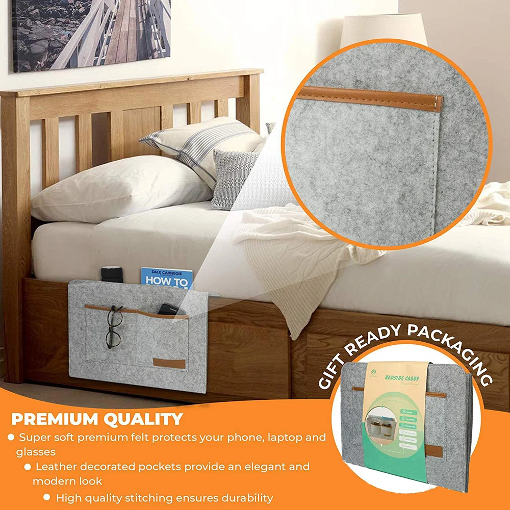 

Bed Holder Pockets Bedside Storage Bag Felt Bed Sofa Side Pouch Remote Control Hanging Caddy Bedside Couch Storage Organizer