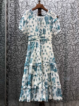 

2020 Spring and Summer New Women's Neckline Lace Tie Lines Buckle Decoration Print Short-Sleeve Slim Dress 412
