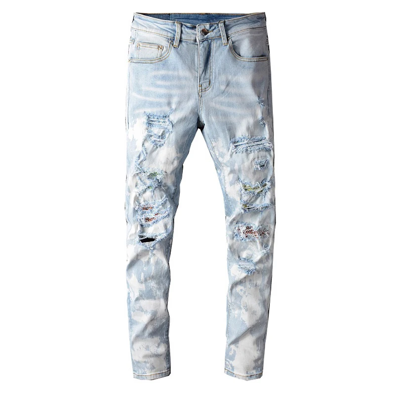 Men's crystal light blue snow washed stretch jeans Streetwear slim skinny rhinestone ripped denim pants Trousers Men's crystal light blue snow washed stretch jeans Streetwear slim skinny rhinestone ripped denim pants Trousers