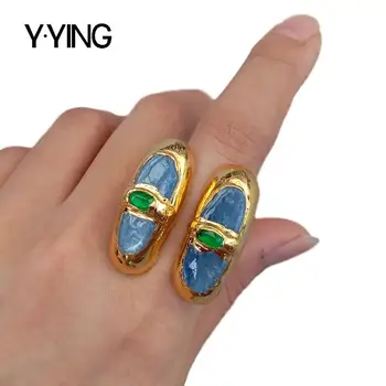 

Y·YING Natural Blue Kyanite Green Crystal Gold Plated Ring Adjustable vintage style for women