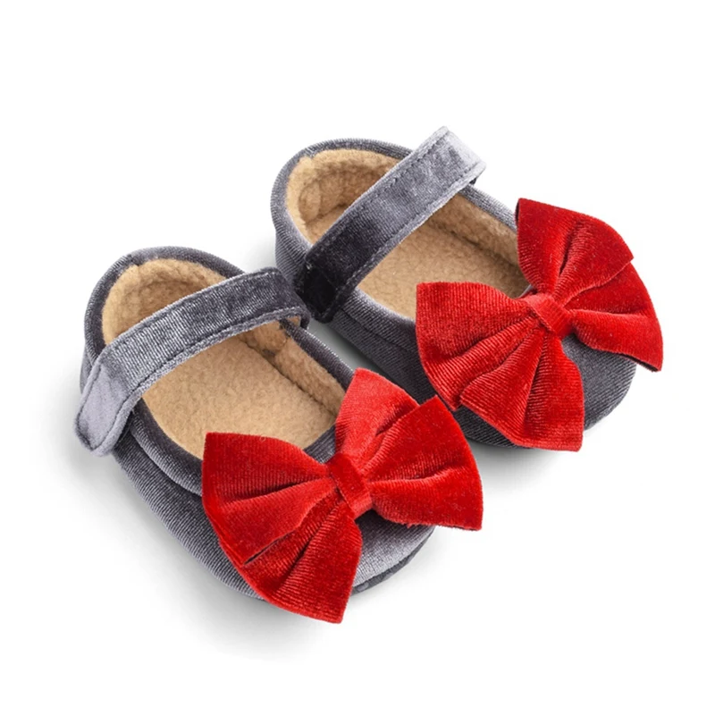 Cute Velvet Flock Princess Bow Shoes Toddler Baby Girls Mary Jane Flats Soft Sole Non-Slip Infant Kids Prewalkers