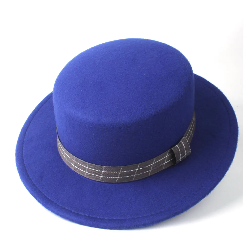 Модная мужская и женская шляпа с плоским верхом, Трилби джазовая шляпа с широкими полями, шапка для улицы, Повседневная шляпа для дикого папы, фетровая шляпа, размер 56-58 см - Цвет: Blue
