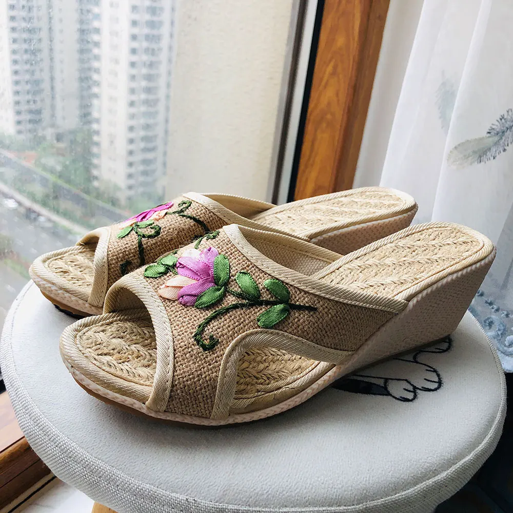 Veowalk-alpargatas de cuña de lino hechas a mano con bordado de