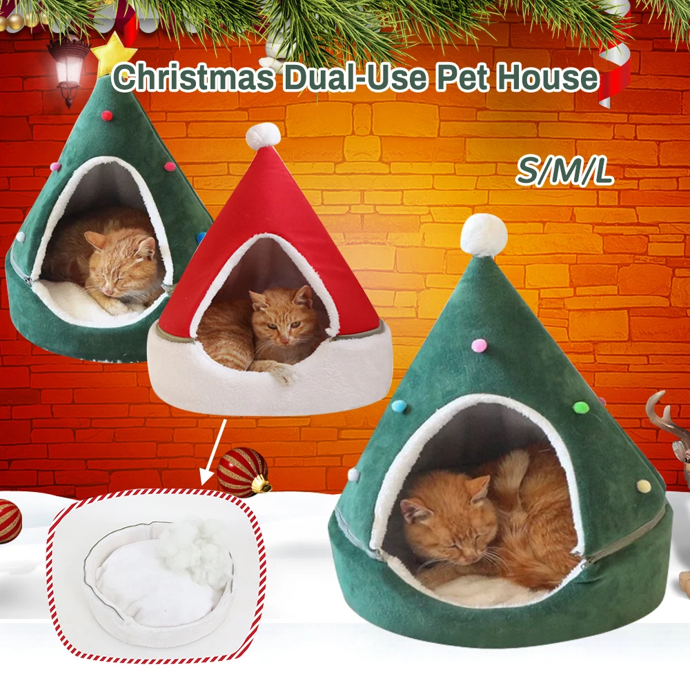 

Drop Shipping Christmas Pet Cat Nest Bed Small Dog Soft Warm House Christmas Tree Hat Shape Puppy Kitten Home Sleeping Bed
