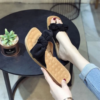 

Cresfimix Women Fashion Black Bow Tie Open Toe Slip on Slides Lady Casual Pink Comfort Summer Slippers Tong Femme B5918