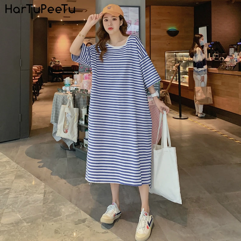 Корейское Полосатое длинное платье-рубашка женские миди платья лето 2021 размера