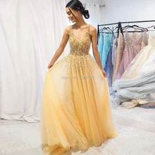 Великолепное платье трапециевидной формы с v-образным вырезом, желтое блестящее длинное платье для выпускного вечера с открытыми плечами, вечернее платье с бисером, вечерние платья с открытой спиной
