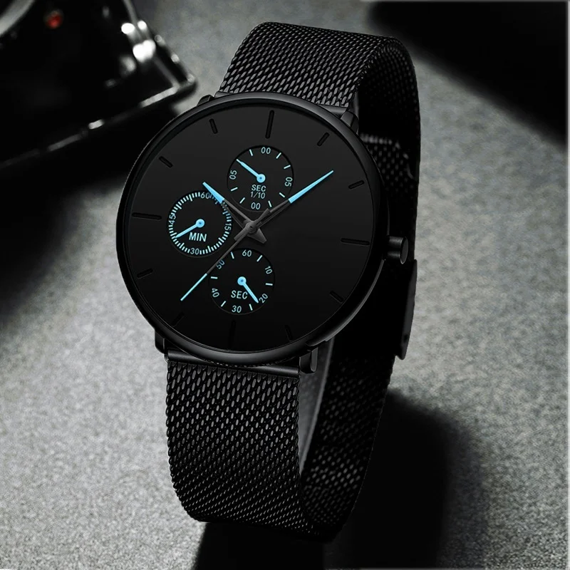 

Watch For Men Virtual Three Eyes Dial Simple Blue Pointer Steel Mesh Belt Minimalist Watch Super Thin Male Clock Sport Watchs