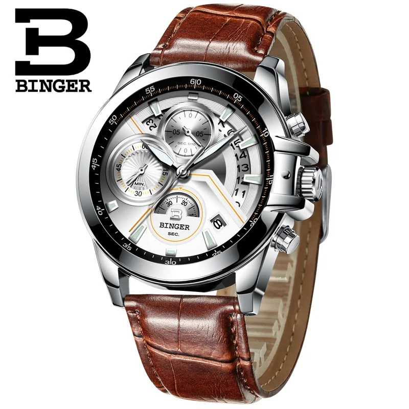 BINGER роскошные часы с автоматической датой, мужские водонепроницаемые стальные мужские часы, модные модельные деловые дизайнерские кварцевые часы с кожаным победителем - Цвет: LZWR-OPP package