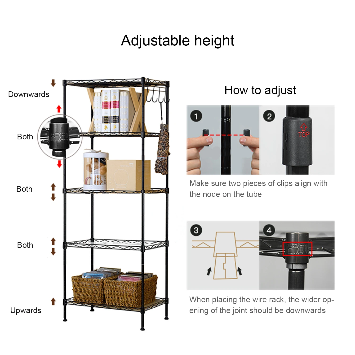 5 Tier Wire Shelves Heavy Duty Adjustable Kitchen Storage Wire Shelf Shelving Rack Microwave Stand with 4 Hooks Leveling Feet