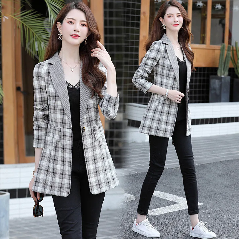 

China Gedi Love 2019 Autumn And Winter Slim Fit Women Suit Plaid Mid-length Large Size Casual Business Small Suit Coat