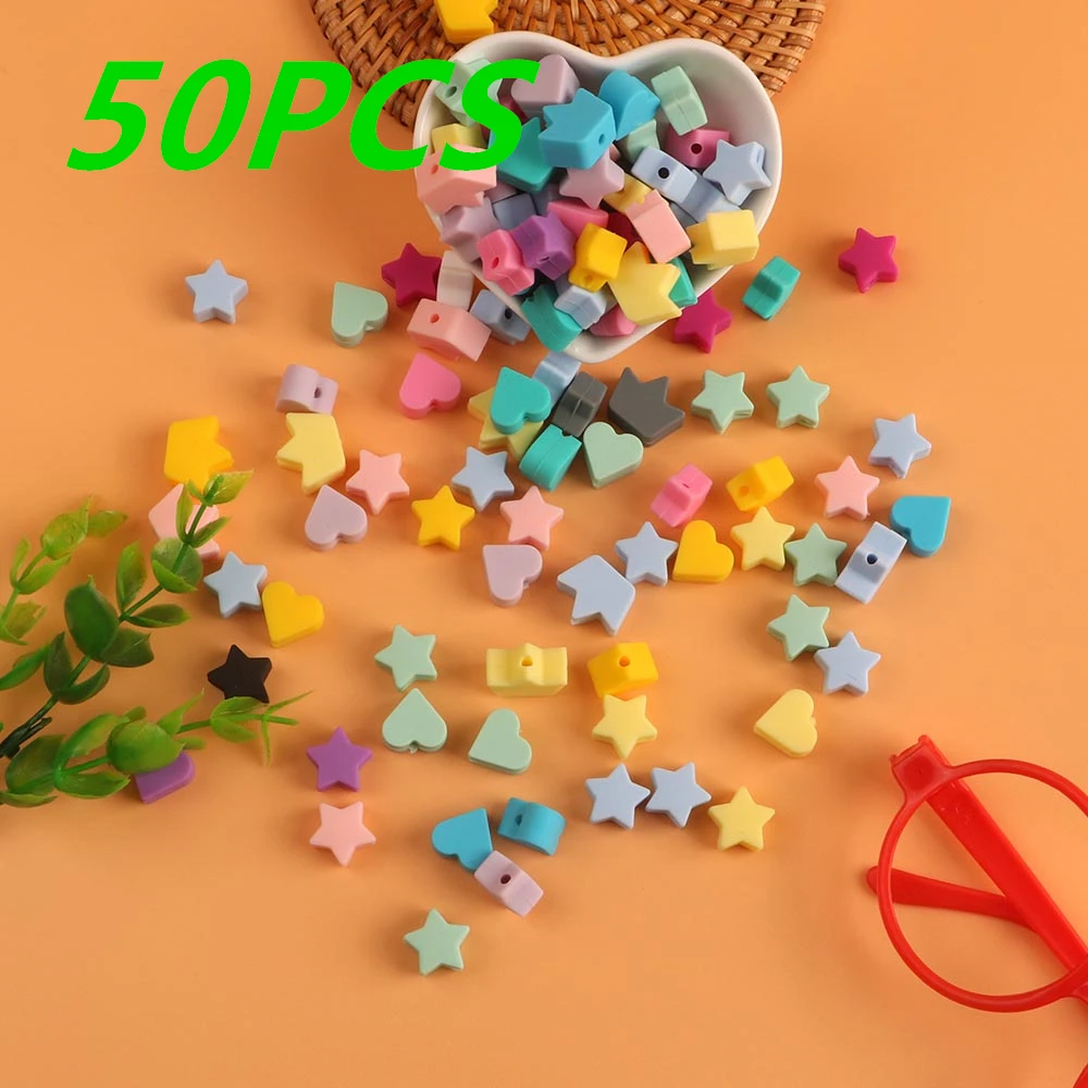 

Kovict 50Pcs Mini Star/Heart/Crown Silicone Beads Food Grade Teether DIY Pacifier Chain Necklace Accessories Baby Molar Toys