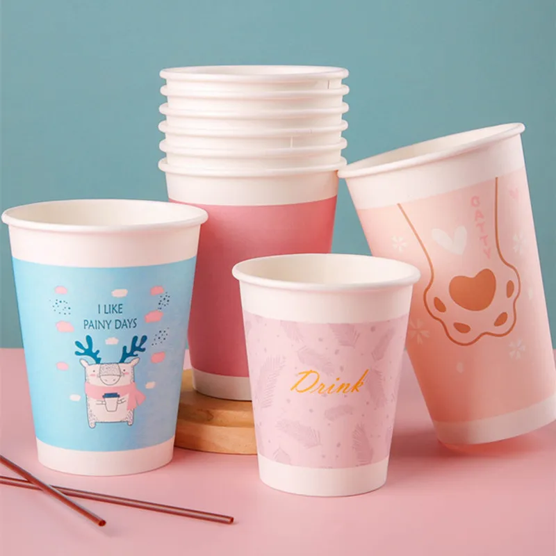 

50 шт. Creaitve одноразовые, для молока для приготовления чая и кофе чашки 400 мл Упаковка розовая бумажная чашка с соломкой Питьевая вечерние на день рождения и свадьбу чашки с крышкой