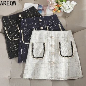 

E210 New Style for Autumn and Winter High Waist Plaid A- line Hip Skirt Women's Graceful Tweed Black Skirt