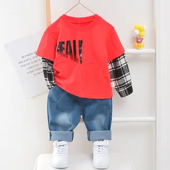 

Baby Boy's Clothes New Fashion Jeans Long Sleeve T-Shirt Two-Piece Cotton Letter Plaid Printing Baby Clothing Casual Sports Set