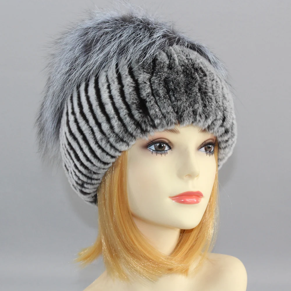 Hot Sell Winter Lady Beanie Hat Women Real Rex Rabbit Fur Hats Knitting Thicken Fur Hat Female Luxury Fox Fur Cap Beanies