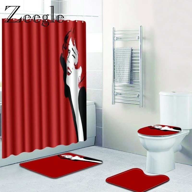 Zeegle Cartoon Bath Mat and Shower Curtain Set Toilet Seat Cover Soft Toilet Pedestal Rug Bathroom Floor Mat 4pcs Bath Mat Set
