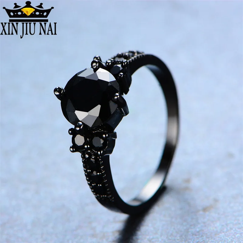 

2 Colors Women's Black Round Zircon Ring Fashion Withe/ Black Gold Jewelry Vintage Rings For Women Girlfriend Gifts 6-10