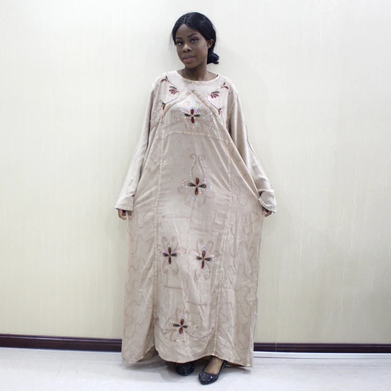 Dashikiage Модное Новое зеленое хлопковое Африканское длинное платье с длинными рукавами и аппликацией, повседневные платья для женщин - Цвет: Бежевый