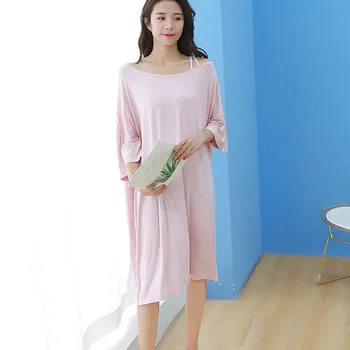 

Summer Large Size Dress Women Three Quarter Sleeve Loose Strapless Solid Color Nightdress Pregnant Women Dressing Gown Пижама