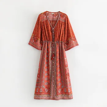 

2020 summer European and American women's new short-sleeved brick red positioning dress long dress