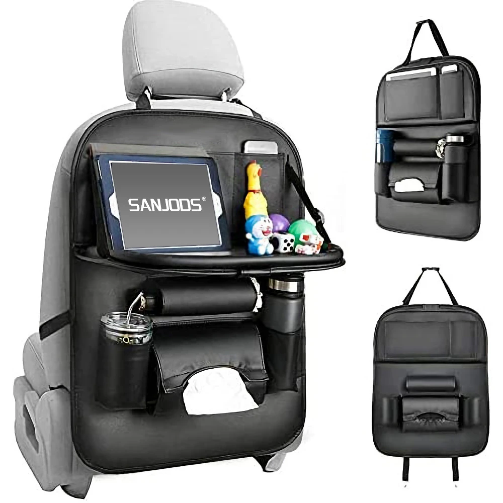 SANJODS Car Back Seat Organizer PU Leather Storage Organizer Foldable Table Tray Travel Backseat