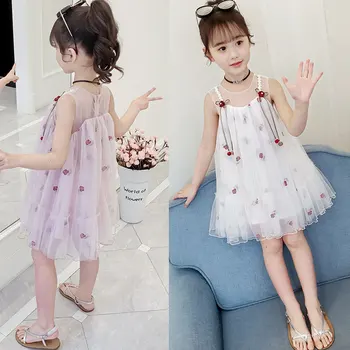 

3-12T Girls Princess Dress Floral Embroidery Mesh Dresses Small or Big Kids Bow Prom Gown Party Wedding Dance Sleeveless Frocks