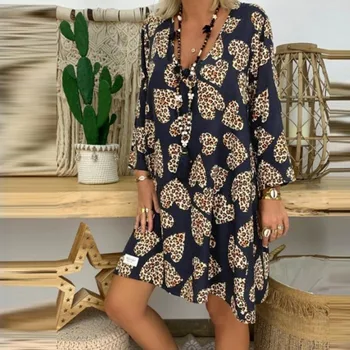 

Simple Autumn And Winter Leopard Print Deep V-Neck Nine-Point Sleeve Women's Dress Dress Women Halter Print Vintage Dresses