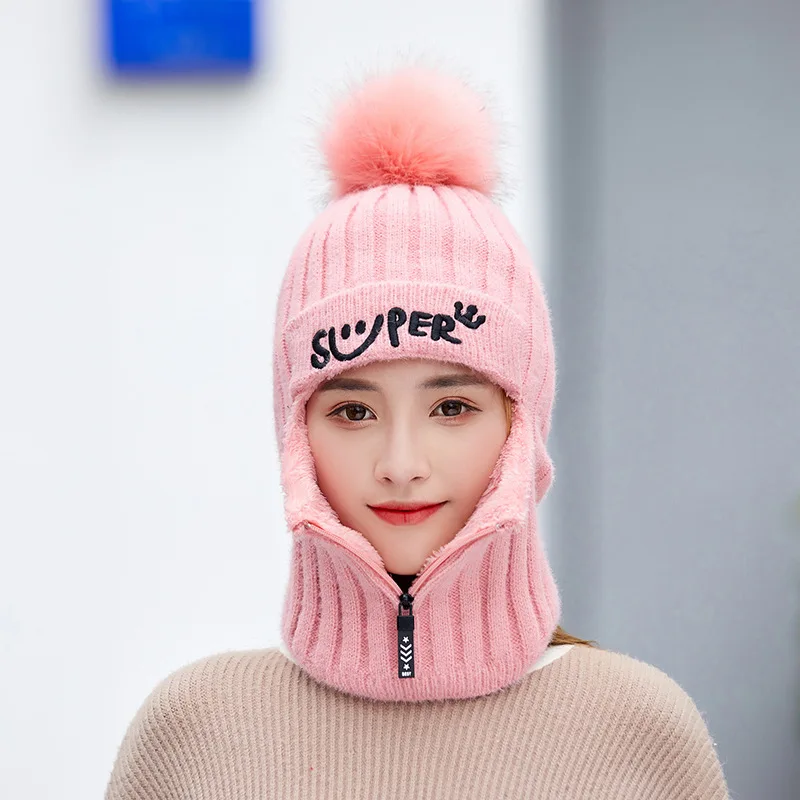 Зимняя женская шапка детская с помпоном теплая шапочка-шарф новейшая вязаная шапка с толстой флисовой подкладкой для девочек и женщин - Цвет: Women-Pink