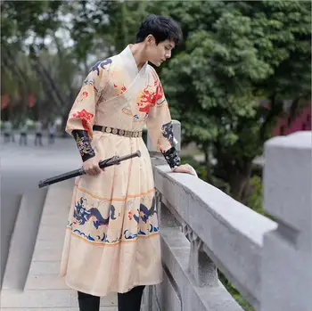 

Handsome royal guards sword customer service Original Unisex straight sleeve Han suit printed dragon pattern rice white flying