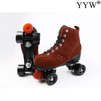 

Red Roller Skates Women Men Adult 2 Line Skate Shoes 4 Wheels Patines Wrotki Cowhide Flash Wheels Shoes Double Line Skates