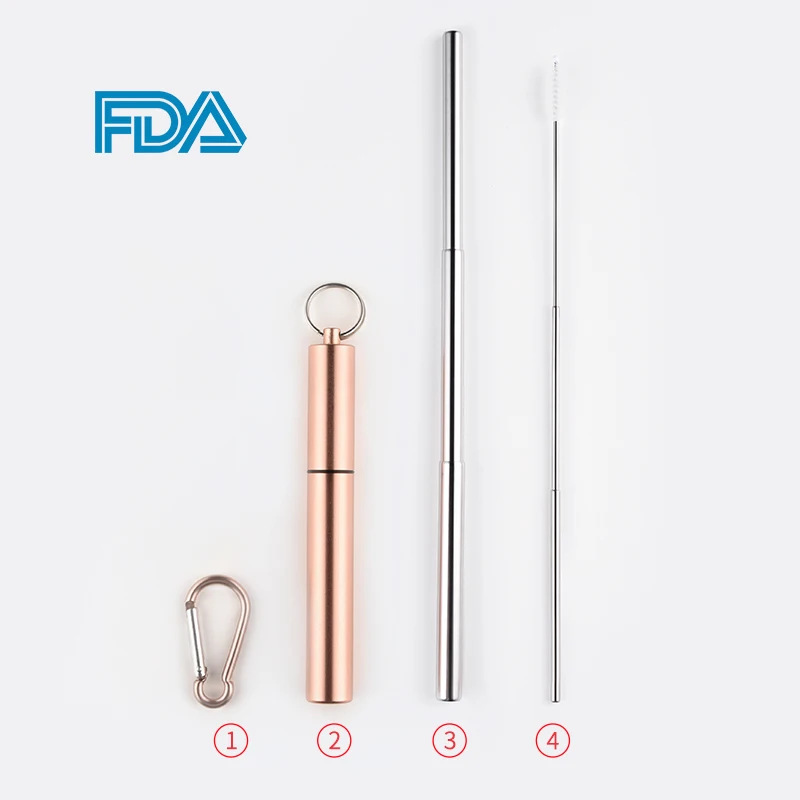 Rose Gold1 Телескопическая Питьевая солома из нержавеющей стали Портативный многоразовый металлический Солома для путешествий с телескопическая кисть и портативный чехол - Цвет: Rose Gold1